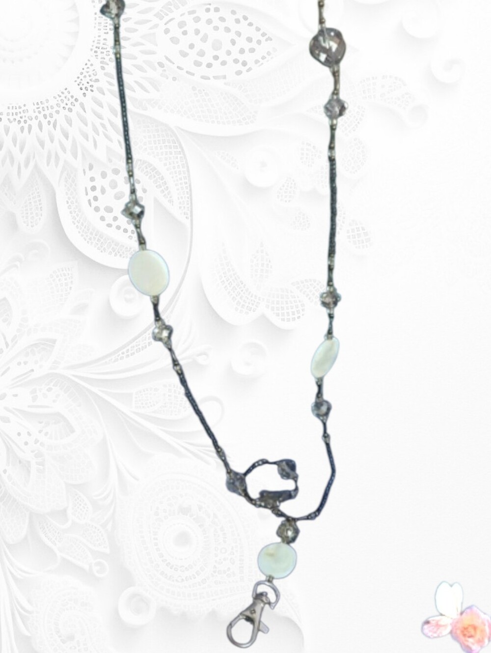 Lanyard Beaded Necklace Holder Name ID Tag Mother Of Pearl Crystal Sparkle - Picture 1 of 6